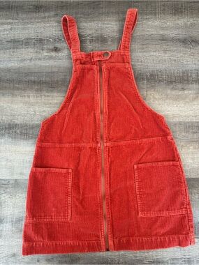 Forever 21 Red/Orange Corduroy Zip Up Overall Jumper Dress with Pockets Texture